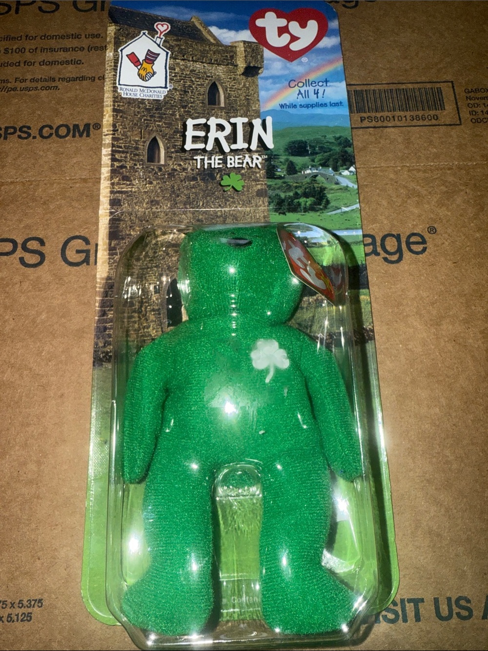 TY Erin the Bear Plush - Green with White Shamrock